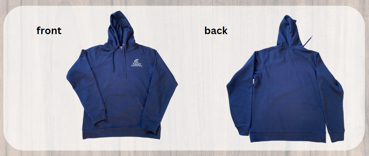 dark navy blue sweater, front and back, with the white TEAD logo on the left breast