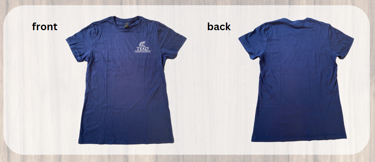 dark navy blue t-shirt, front and back, with white TEAD logo on left breast